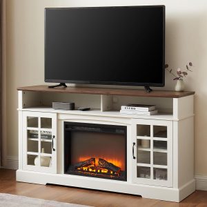 58'' Fireplace TV Stand for Television up to 65", Entertainment Center with Storage Cabinet and Shelves, 23'' Detachable Electric Fireplace with Remote&Adjustable Warmth for Living Room/Bedroom, White