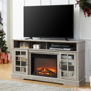 58'' Fireplace TV Stand for Television up to 65", Entertainment Center with Storage Cabinet and Shelves, 23'' Detachable Electric Fireplace with Remote&Adjustable Warmth for Living Room/Bedroom, Gray